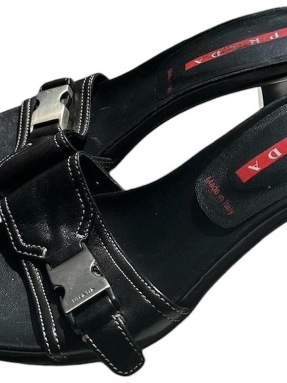 Prada Black Leather Slide Mules with Silver Buckle